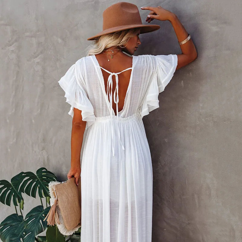 NOUVEAU RICHE Langes Weißes Hippie Kleid Glamouröses Sommerkleid Damen