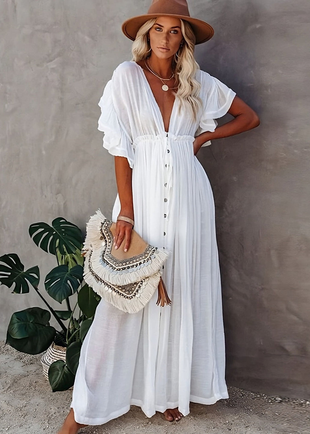 NOUVEAU RICHE Langes Weißes Hippie Kleid Glamouröses Sommerkleid Damen L