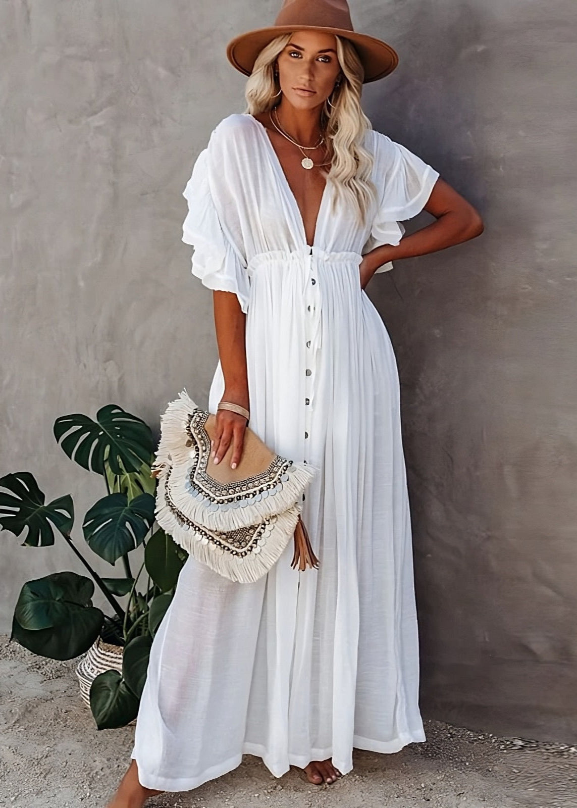 NOUVEAU RICHE Langes Weißes Hippie Kleid Glamouröses Sommerkleid Damen L
