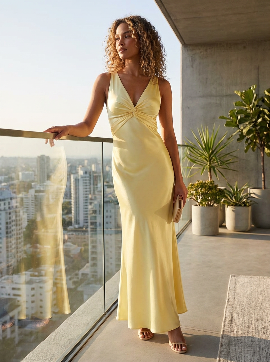 NOUVEAU RICHE Soleil | Langes Kleid für Damen - Maxi-Abendkleid mit V-Ausschnitt für Hochzeit und Party Zitronengelb