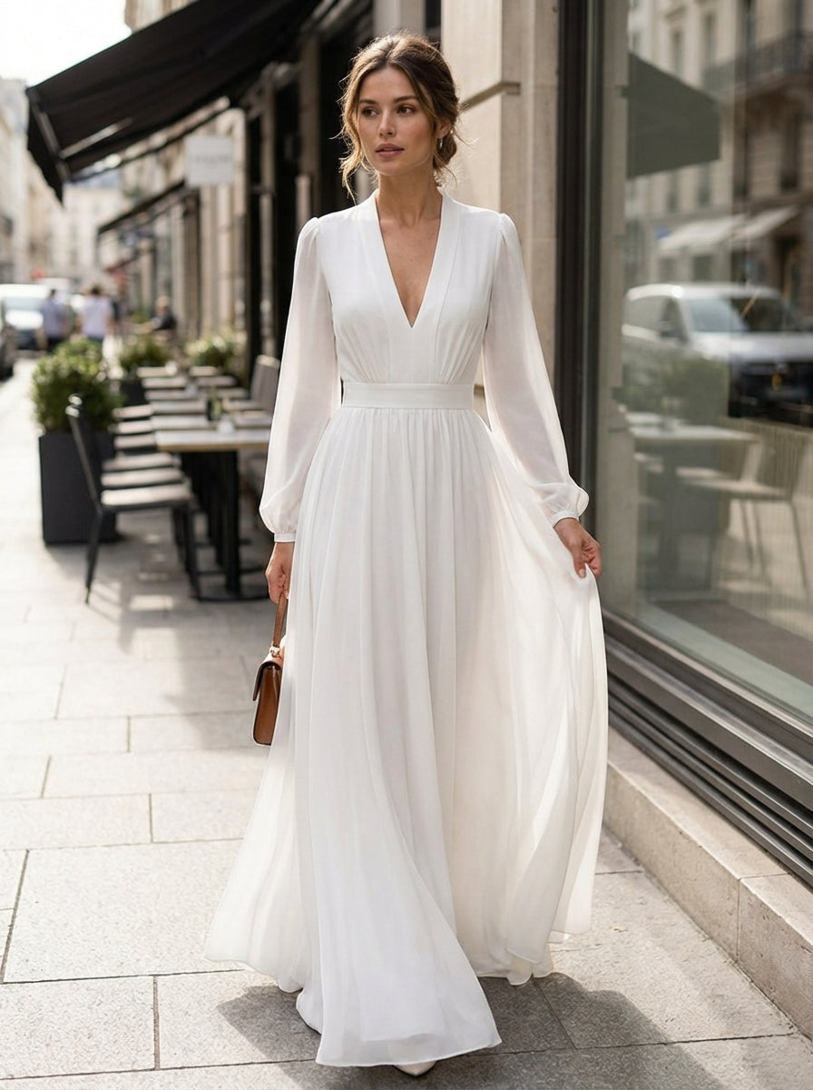 NOUVEAU RICHE Flōre | Langes Kleid für Damen - Weißes Maxikleid mit langen Ärmeln und V-Ausschnitt Weiß