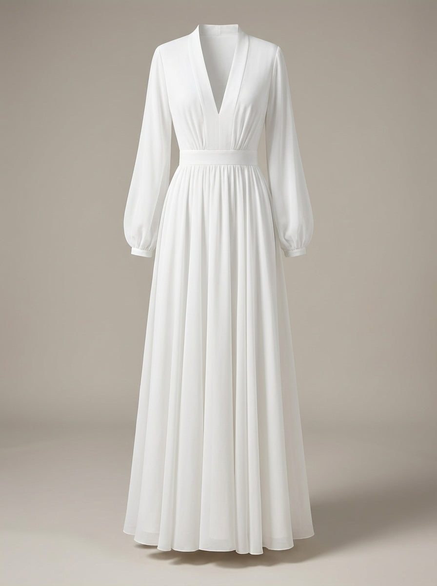 NOUVEAU RICHE Flōre | Langes Kleid für Damen - Weißes Maxikleid mit langen Ärmeln und V-Ausschnitt