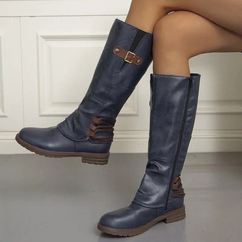 NOUVEAU RICHE Damen Kniehohe Stiefel Schlanken Design Verarbeitung Komfort Blau