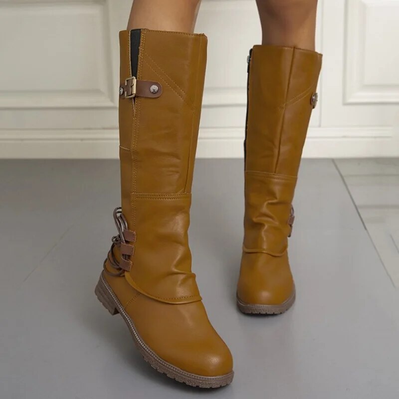 NOUVEAU RICHE Damen Kniehohe Stiefel Schlanken Design Verarbeitung Komfort Braun