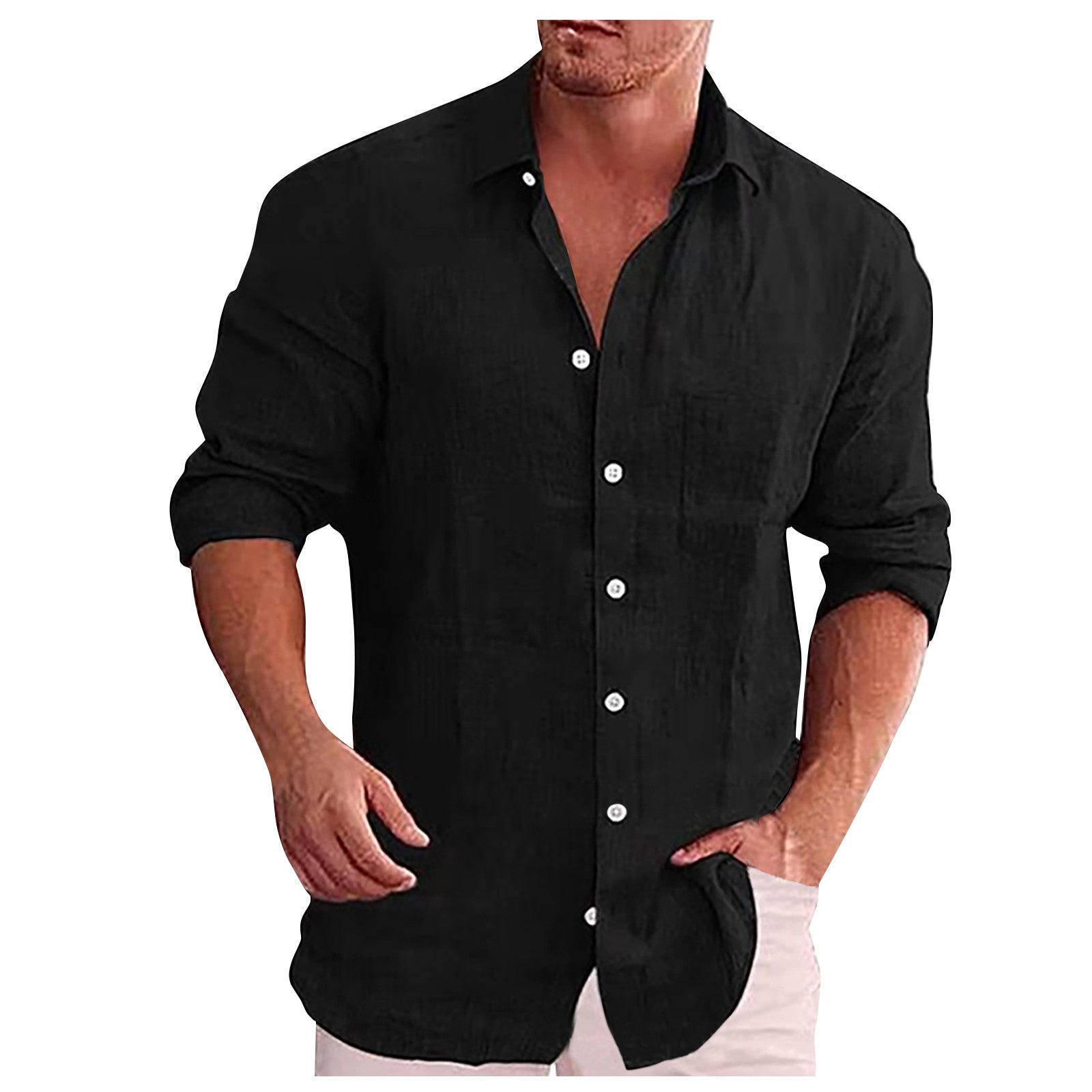 NOUVEAU RICHE Herren Leinenhemd Lässig Mit Umlegekragen Für Sommer schwarz
