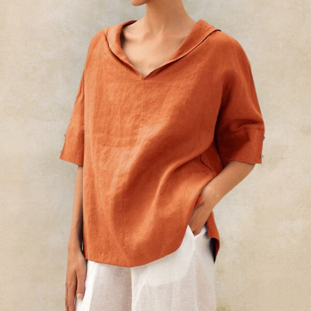 NOUVEAU RICHE Lässige Bluse Mit V Ausschnitt Und Halbärmeln Damen Sommer Orange