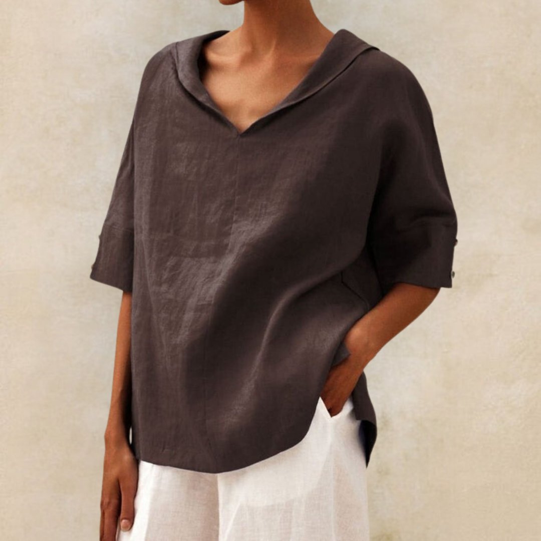 NOUVEAU RICHE Lässige Bluse Mit V Ausschnitt Und Halbärmeln Damen Sommer Braun
