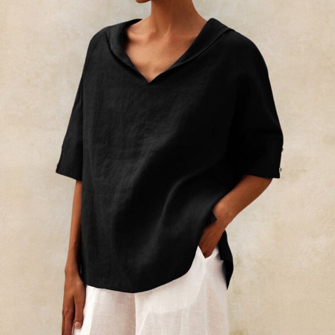NOUVEAU RICHE Lässige Bluse Mit V Ausschnitt Und Halbärmeln Damen Sommer Schwarz