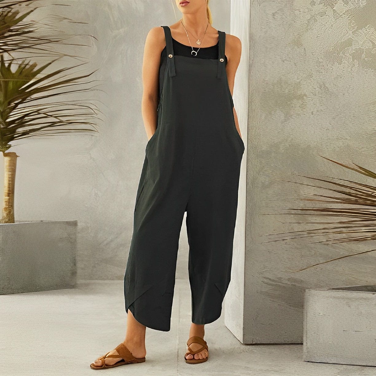 NOUVEAU RICHE Lässige Sommer Latzhose Damen Atmungsaktiv Lockere Passform Dunkelgrün