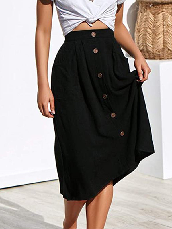 NOUVEAU RICHE Lässiger Hoher Taillenrock für Damen mit Knöpfen und A-Linie Silhouette, Elastischer Bund und Fronttaschen, Maschinenwaschbar Schwarz