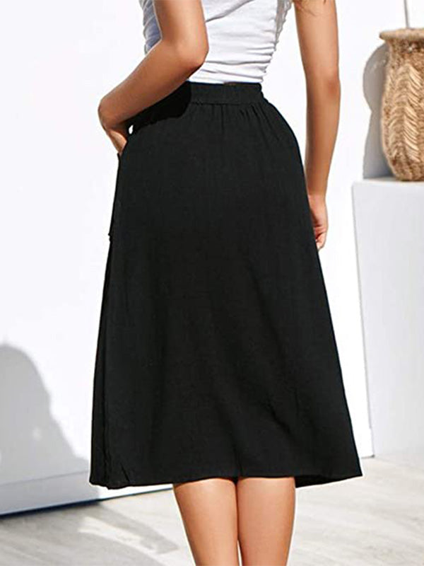 NOUVEAU RICHE Lässiger Hoher Taillenrock für Damen mit Knöpfen und A-Linie Silhouette, Elastischer Bund und Fronttaschen, Maschinenwaschbar