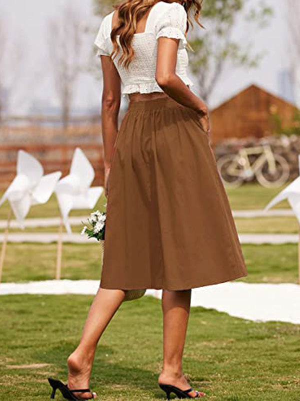 NOUVEAU RICHE Lässiger Hoher Taillenrock für Damen mit Knöpfen und A-Linie Silhouette, Elastischer Bund und Fronttaschen, Maschinenwaschbar
