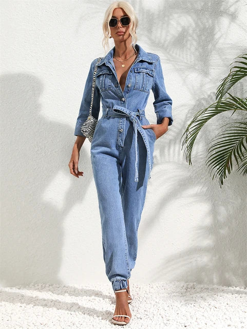 NOUVEAU RICHE Lässiger Denim Jumpsuit Damen Mit Gürtel Lange Ärmel Jeansblau