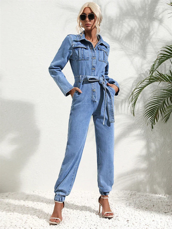 NOUVEAU RICHE Lässiger Denim Jumpsuit Damen Mit Gürtel Lange Ärmel