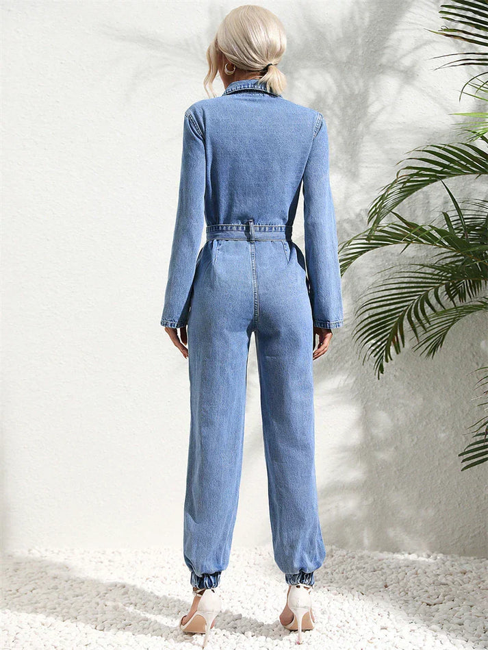 NOUVEAU RICHE Lässiger Denim Jumpsuit Damen Mit Gürtel Lange Ärmel