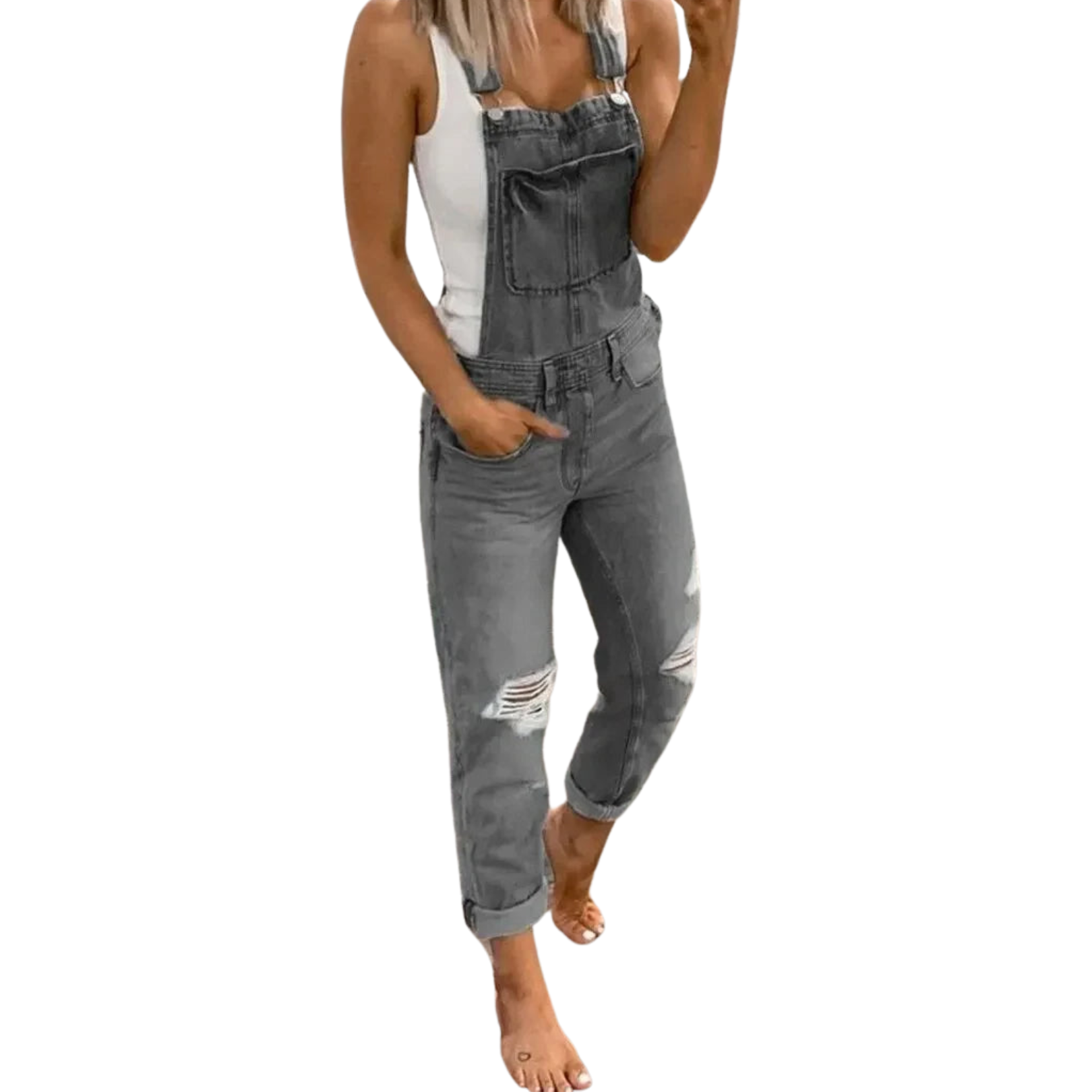 NOUVEAU RICHE Damen Lässiger Ärmelloser Denim-Jumpsuit Für Alltag Grau