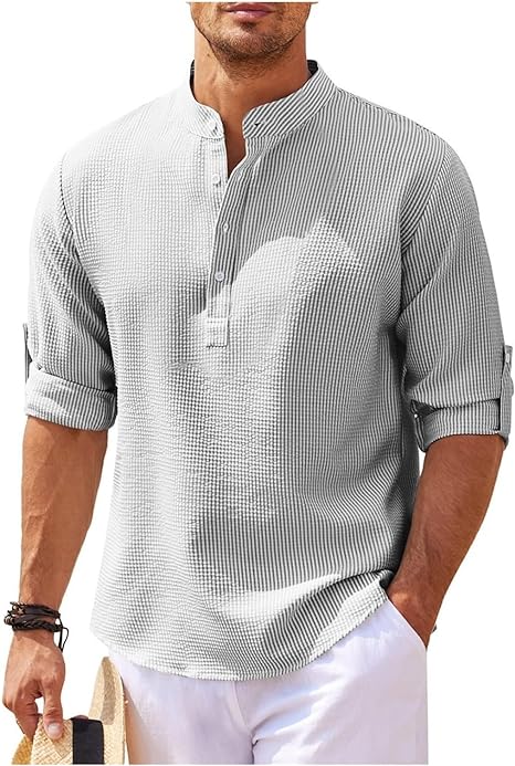 NOUVEAU RICHE Lässiges Button-Up Hemd Mit Rollbaren Ärmeln Stehkragen Hellgrau