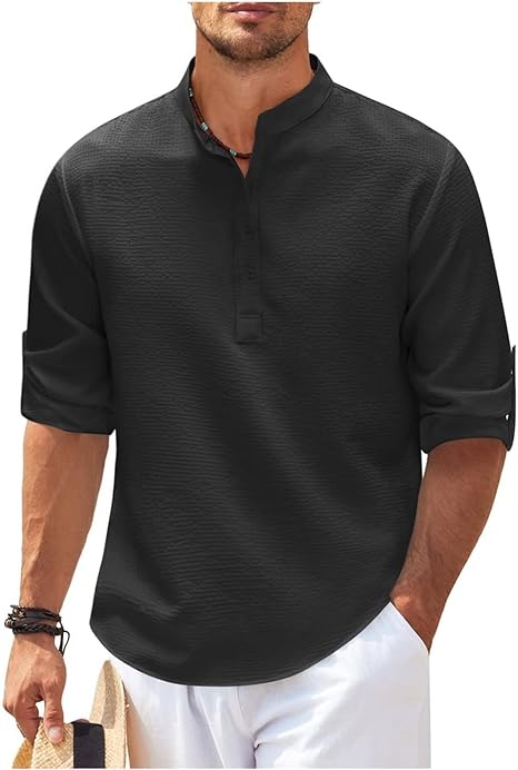 NOUVEAU RICHE Lässiges Button-Up Hemd Mit Rollbaren Ärmeln Stehkragen Schwarz