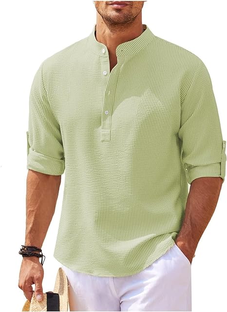 NOUVEAU RICHE Lässiges Button-Up Hemd Mit Rollbaren Ärmeln Stehkragen Hellgrün