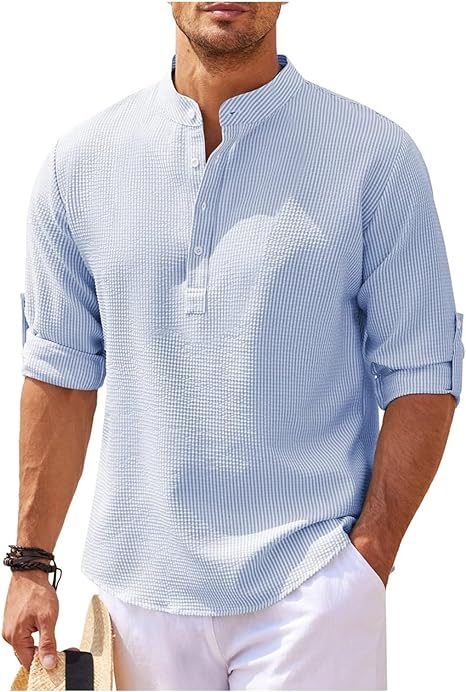 NOUVEAU RICHE Lässiges Button-Up Hemd Mit Rollbaren Ärmeln Stehkragen Blau