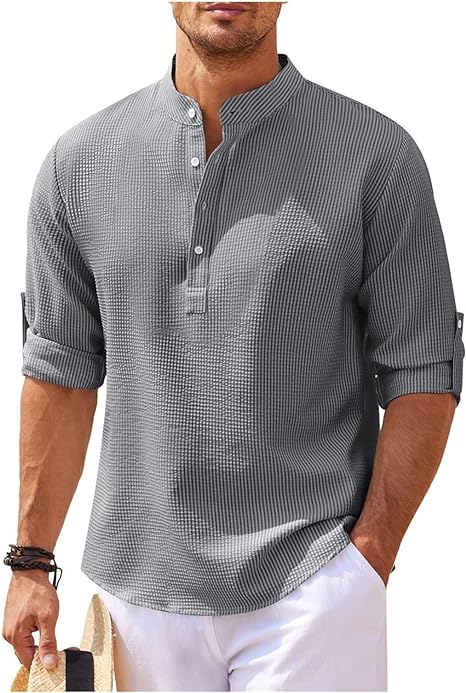 NOUVEAU RICHE Lässiges Button-Up Hemd Mit Rollbaren Ärmeln Stehkragen Grau