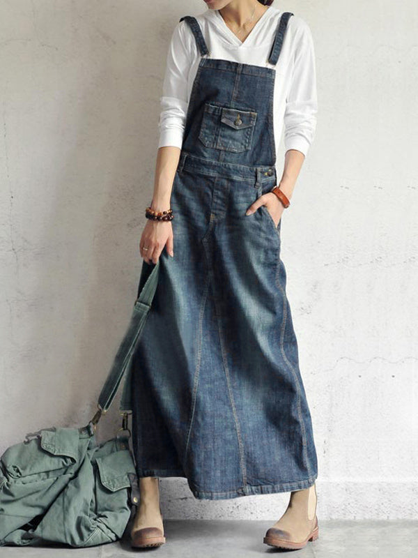 NOUVEAU RICHE Lässiges Vintage Denim Overallkleid Mit Rückenschlitz Und Verstellbaren Schulterträgern Für Damen Blau