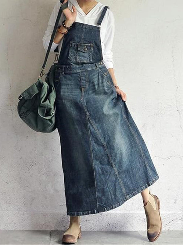 NOUVEAU RICHE Lässiges Vintage Denim Overallkleid Mit Rückenschlitz Und Verstellbaren Schulterträgern Für Damen