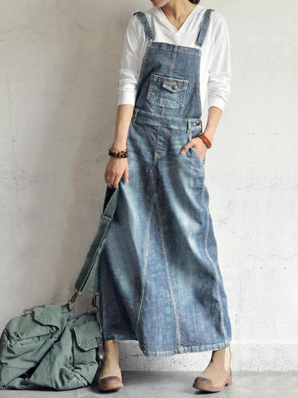 NOUVEAU RICHE Lässiges Vintage Denim Overallkleid Mit Rückenschlitz Und Verstellbaren Schulterträgern Für Damen Hellblau