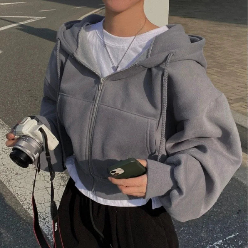 NOUVEAU RICHE Damen Kapuzen-Sweatshirt Y2K Reißverschluss Hoodies Harajuku Grau