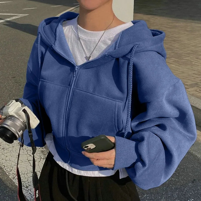 NOUVEAU RICHE Damen Kapuzen-Sweatshirt Y2K Reißverschluss Hoodies Harajuku Blau