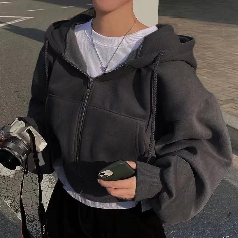 NOUVEAU RICHE Damen Kapuzen-Sweatshirt Y2K Reißverschluss Hoodies Harajuku Dunkelgrau