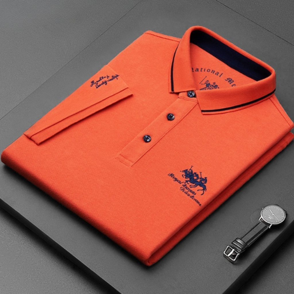 NOUVEAU RICHE Lässiges Herren Poloshirt Kurzarm Mit Knopfleiste Baumwolle Orange