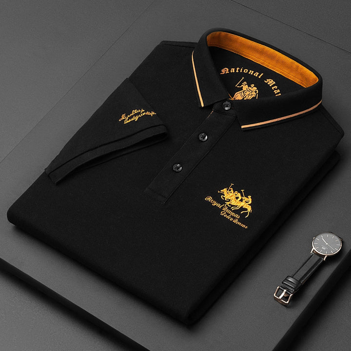 NOUVEAU RICHE Lässiges Herren Poloshirt Kurzarm Mit Knopfleiste Baumwolle Schwarz