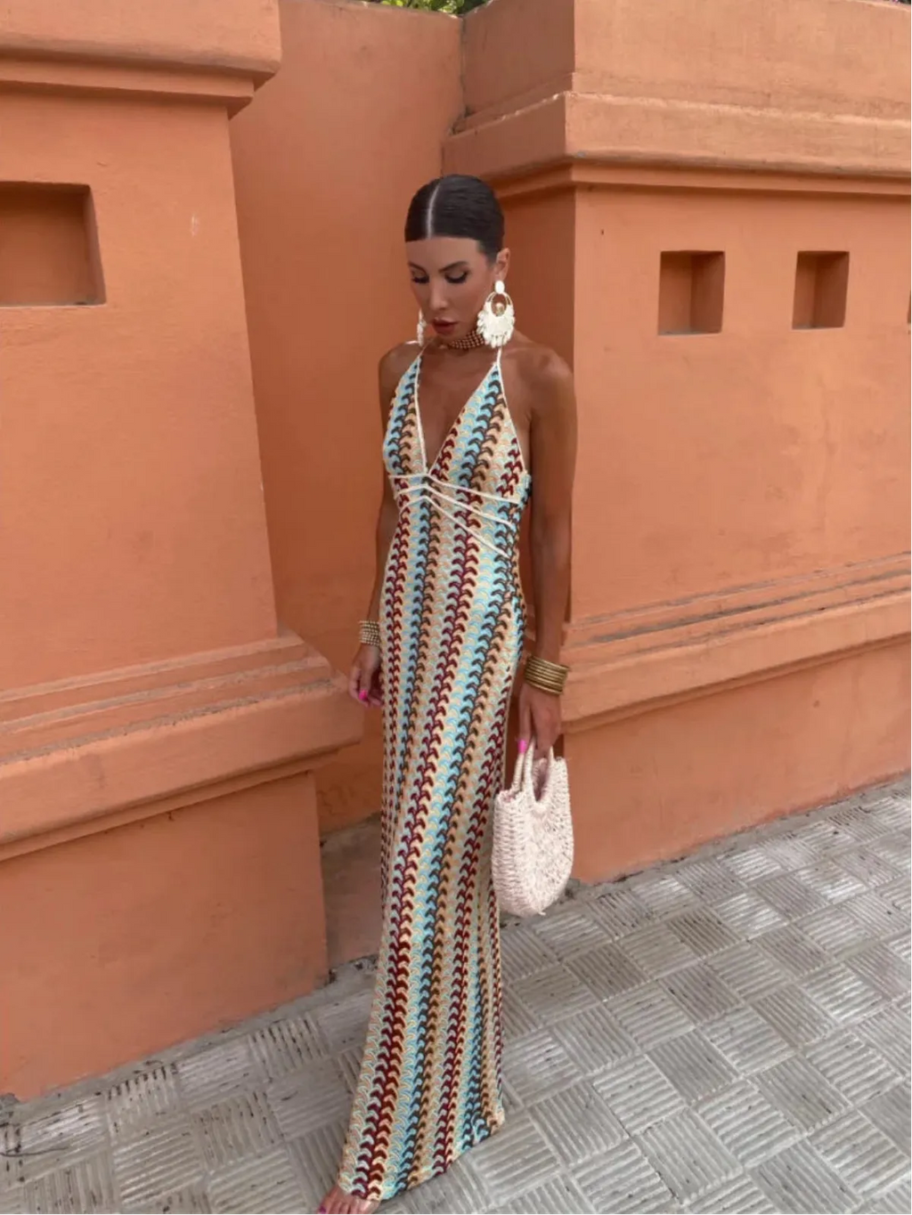 NOUVEAU RICHE Leichtes Neckholder Maxikleid Mit Häkeldetails Für Strandurlaub Mehrfarbig