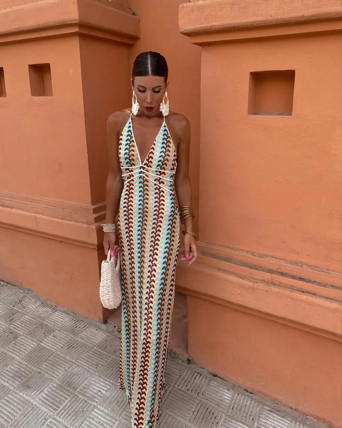 NOUVEAU RICHE Leichtes Neckholder Maxikleid Mit Häkeldetails Für Strandurlaub