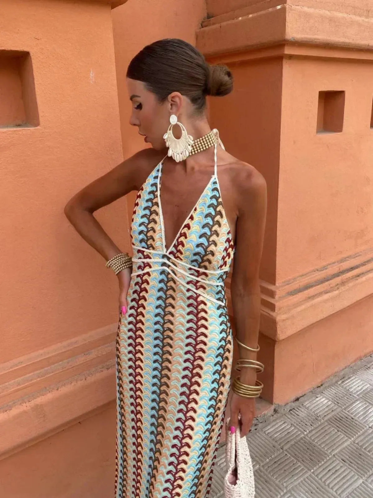 NOUVEAU RICHE Leichtes Neckholder Maxikleid Mit Häkeldetails Für Strandurlaub