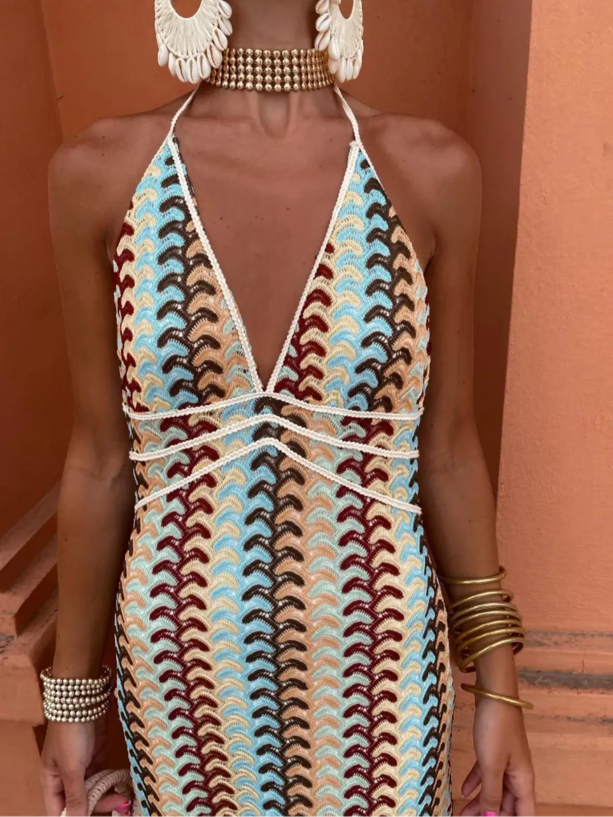 NOUVEAU RICHE Leichtes Neckholder Maxikleid Mit Häkeldetails Für Strandurlaub