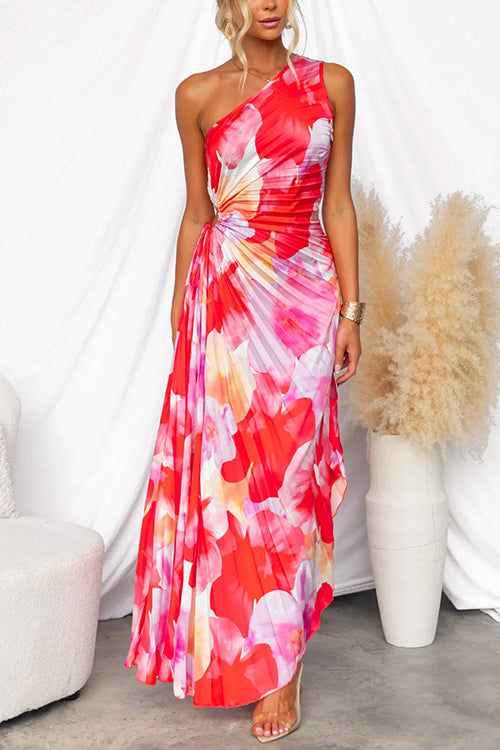 NOUVEAU RICHE Lebhaft Bedrucktes Kleid Mit Einseitigem Ausschnitt Plissee Blumenmuster