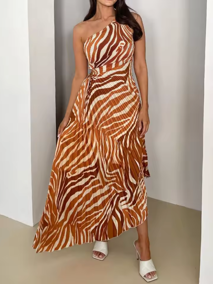NOUVEAU RICHE Lebhaft Bedrucktes Kleid Mit Einseitigem Ausschnitt Plissee