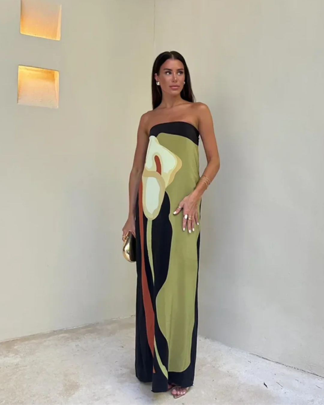 NOUVEAU RICHE Lebhaftes Leichtes Maxi Kleid Mit Auffälligen Mustern Grün