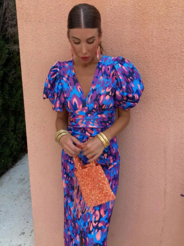 NOUVEAU RICHE Lebhaftes Rüschen Midi Kleid Mit Strukturierten Schultern Blau