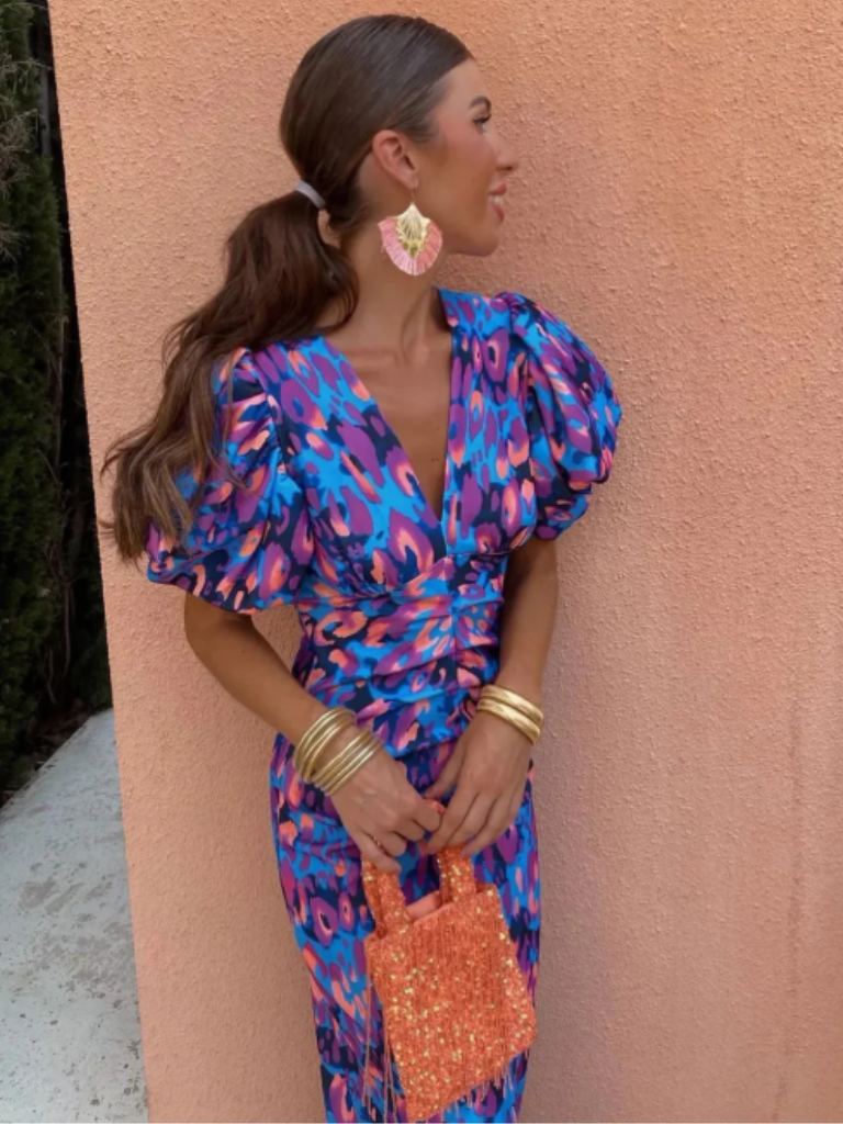 NOUVEAU RICHE Lebhaftes Rüschen Midi Kleid Mit Strukturierten Schultern