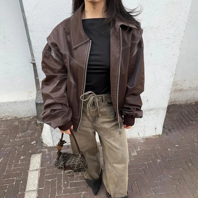NOUVEAU RICHE Lederjacke Robustes Leder Vielseitiger Tragekomfort Dunkelbraun