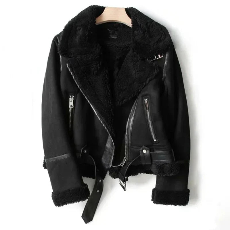 NOUVEAU RICHE Lederjacke Damen Mit Sherpa Futter Warm Kuschelig Stylisch Schwarz