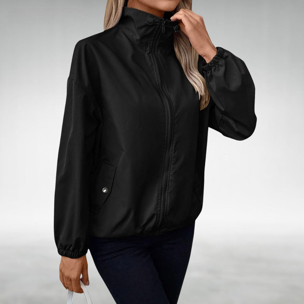 NOUVEAU RICHE Damen Leichte Übergangsjacke Mit Stehkragen Und Zipper Windbreaker Schwarz