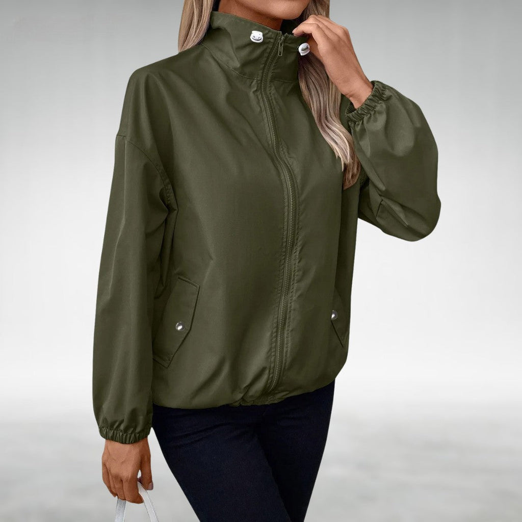 NOUVEAU RICHE Damen Leichte Übergangsjacke Mit Stehkragen Und Zipper Windbreaker Armeegrün