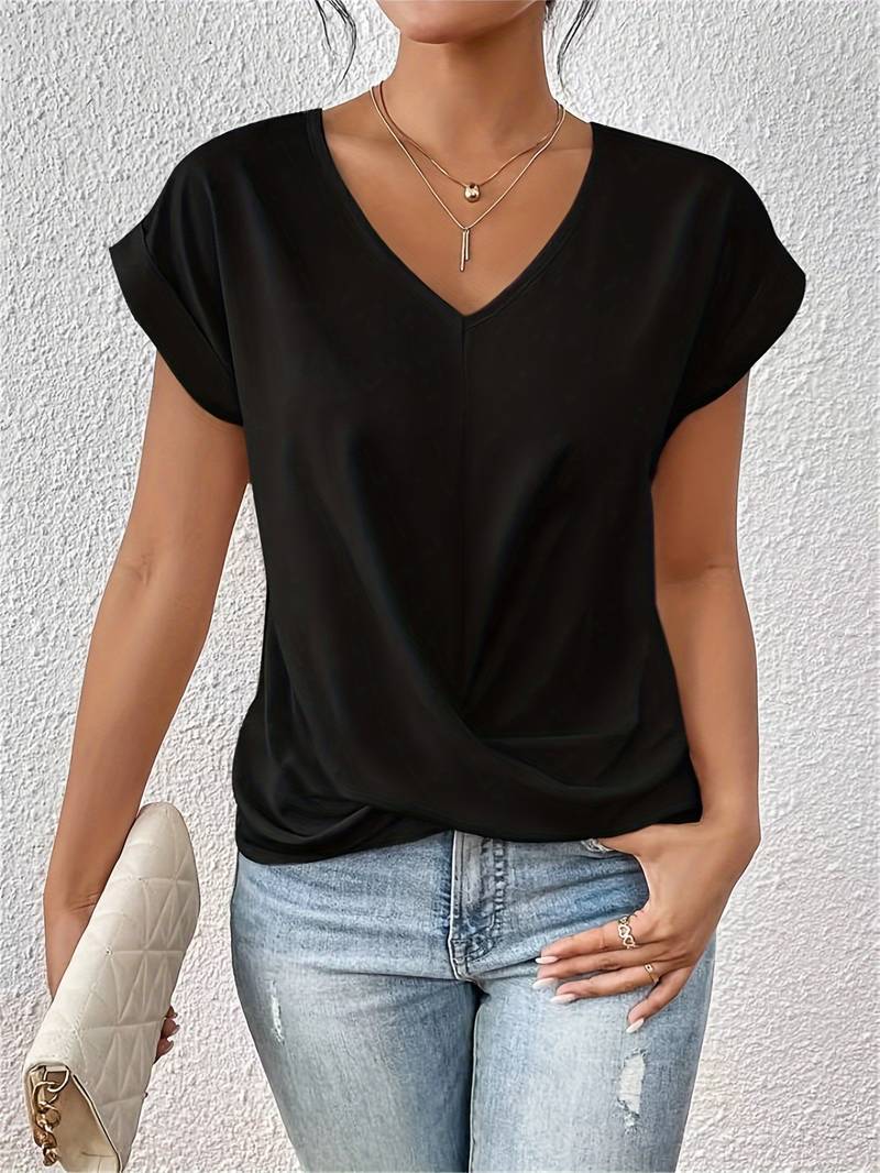 NOUVEAU RICHE Leichtes Damen Kurzarm Top V Ausschnitt Verdrehung Sommerfit Schwarz