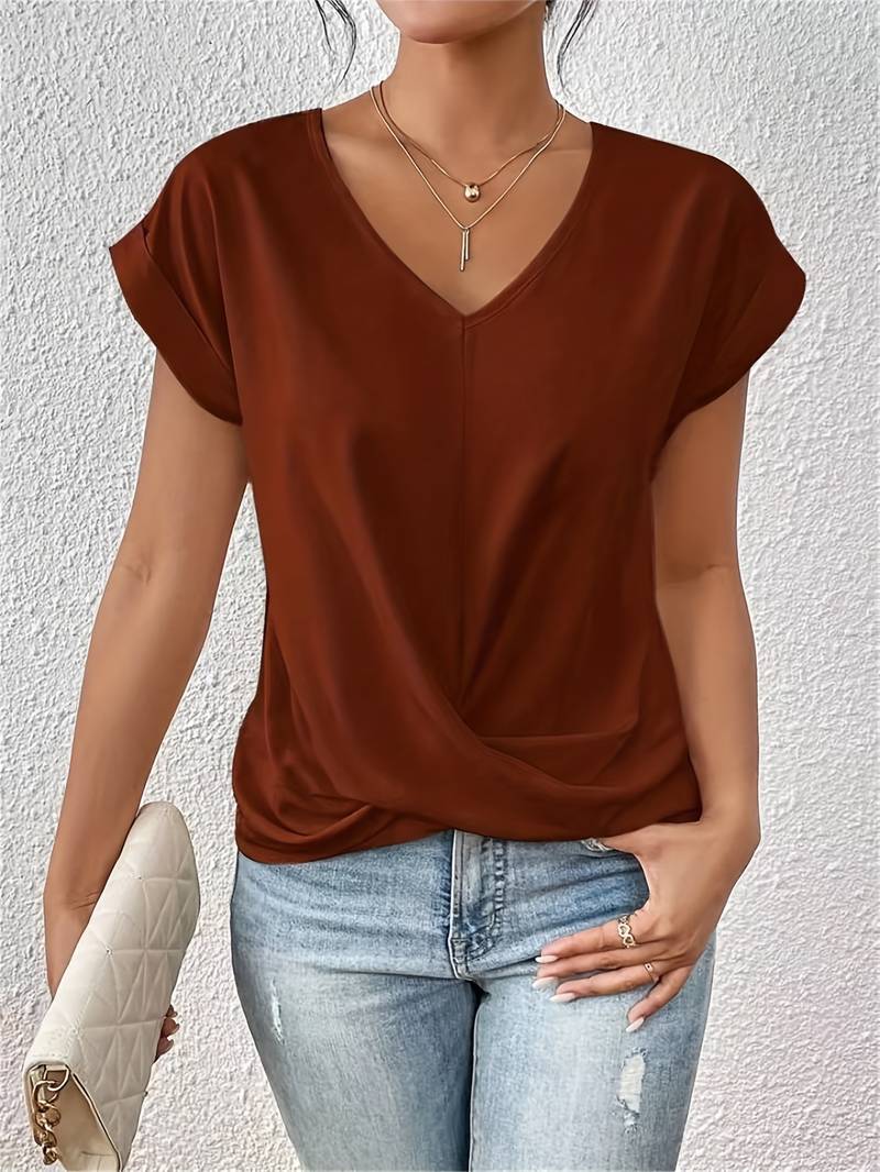NOUVEAU RICHE Leichtes Damen Kurzarm Top V Ausschnitt Verdrehung Sommerfit Rot