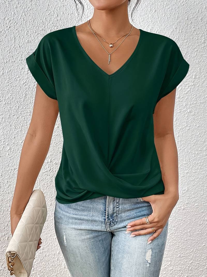 NOUVEAU RICHE Leichtes Damen Kurzarm Top V Ausschnitt Verdrehung Sommerfit Grün