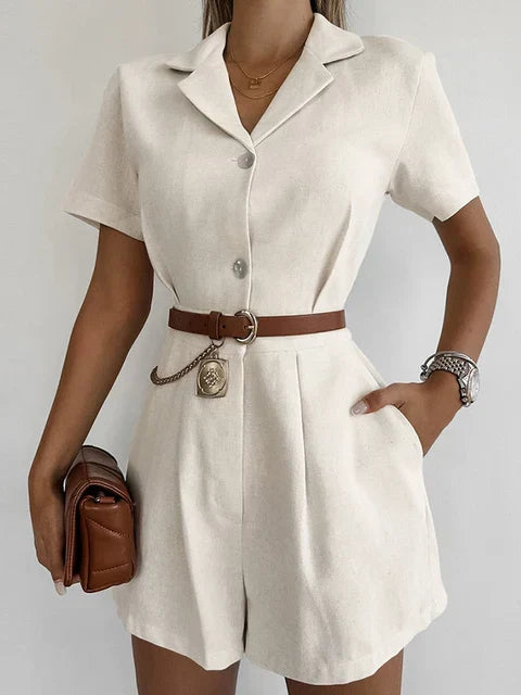 NOUVEAU RICHE Leinen Sommer Jumpsuit Mit Kurzen Ärmeln Für Damen Stylish Und Praktisch Ideal Für Arbeit Und Freizeit Maelis L